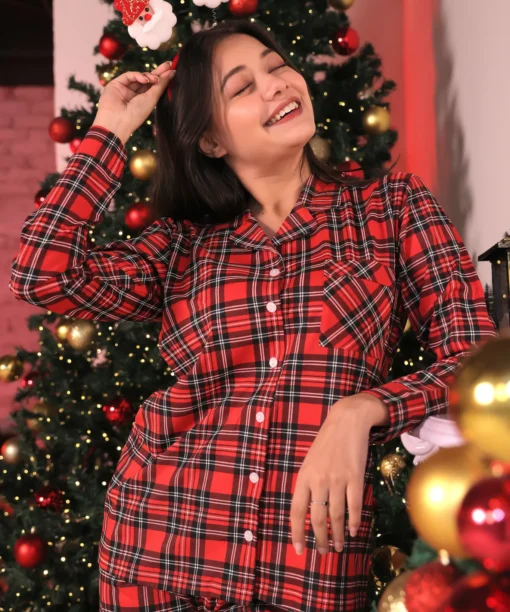 Crimson Checks Full Sleeves Pyjama Set